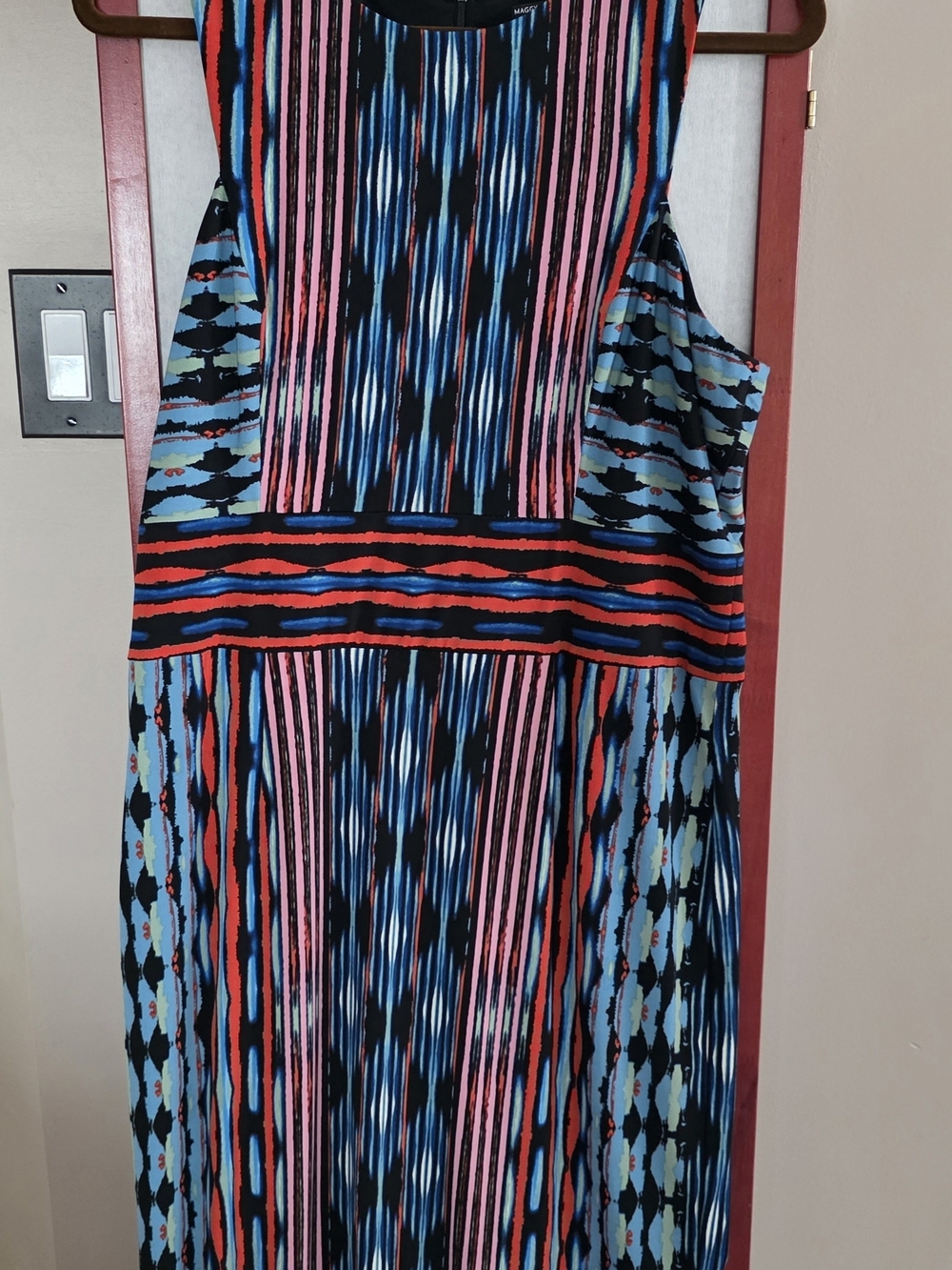Maggy London Sleeveless Multicolor Striped Print Shift Dress - Blue/Pink/Red